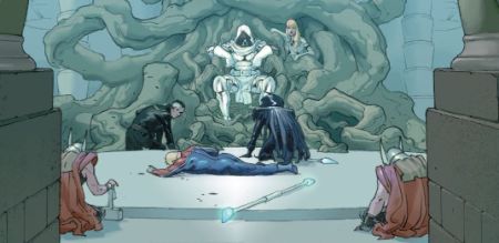 Everyone kneels infront of Doctor Doom while he sits in his throne